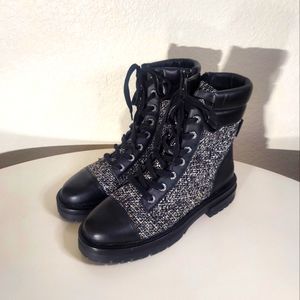 Kurt Geiger London Black Leather Shore Cap Toe Tweed Boots